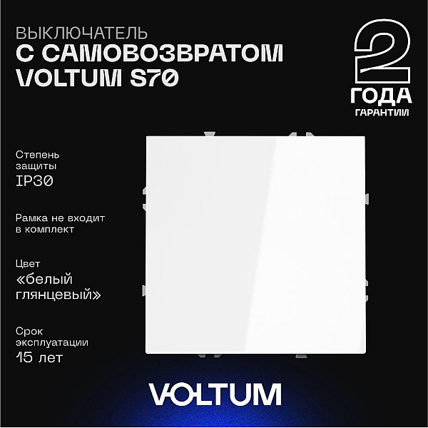 Выключатель с самовозвратом встраиваемый Voltum S70 одноклавишный 10А, (белый глянцевый) VLS010601