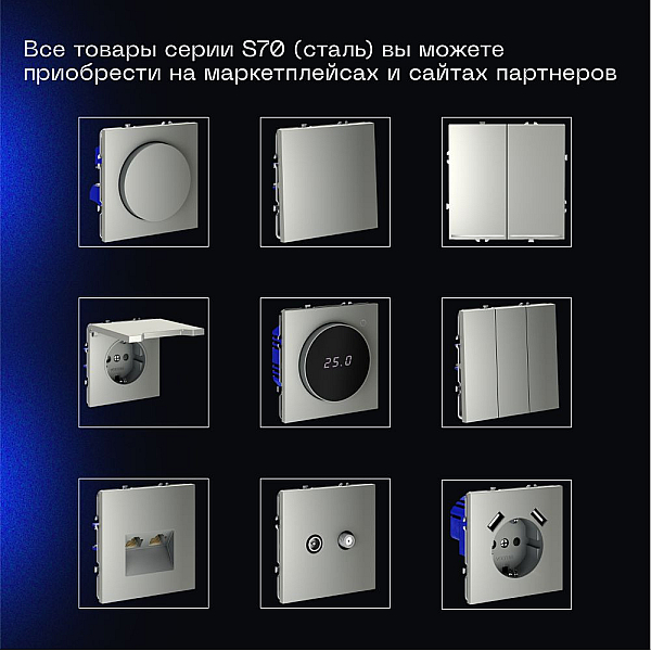 Выключатель встраиваемый Voltum S70 двухклавишный 10А, (сталь) VLS020105