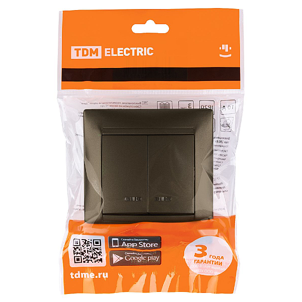 Выключатель двухклавишный с подсветкой Лама TDM Electric SQ1815-0705