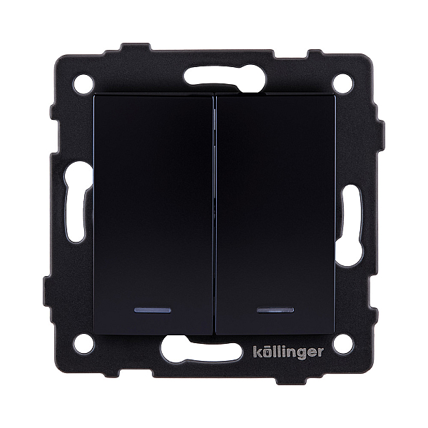 Выключатель 2-клавишный проходной 10А/250В с LED подсветкой, изогнутый, черный Kollinger REA-R-010BK для Aspekt, Eleganz, Reflex