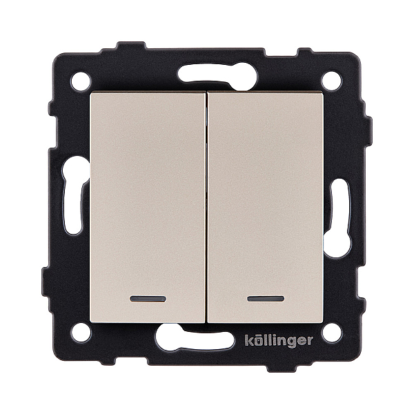 Выключатель 2-клавишный проходной 10А/250В с LED подсветкой, золотой Kollinger REA-S-010GD для Aspekt, Eleganz, Reflex