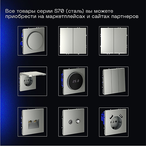 Выключатель встраиваемый Voltum S70 одноклавишный 10А, (сталь) VLS010105