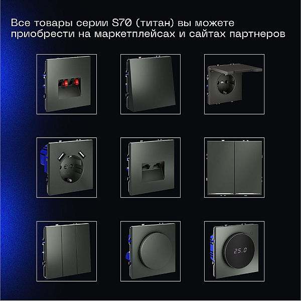 Проходной переключатель встраиваемый Voltum S70 двухклавишный 10А, (титан) VLS020306