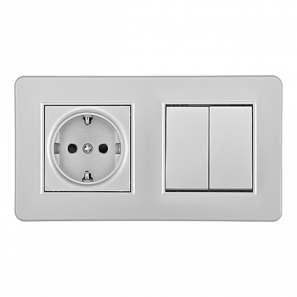 Выключатель двухклавишный с розеткой Arte Milano SET16-2-40-1-30-2 silver