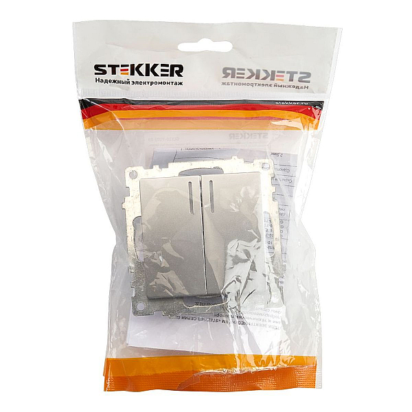 Выключатель двухклавишный Stekker Катрин с подсветкой серебро GLS10-7102-03 39579