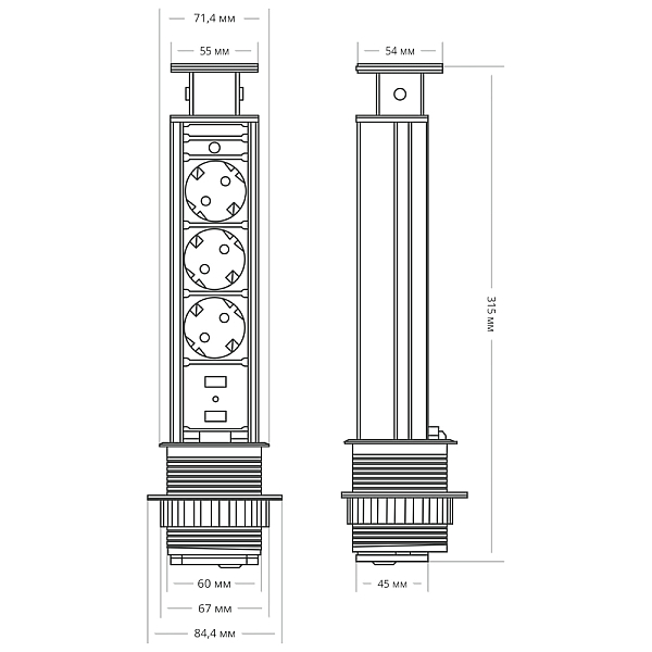 Блок розеток 105S (3 секции и 2 USB) Mebax 00-00000825