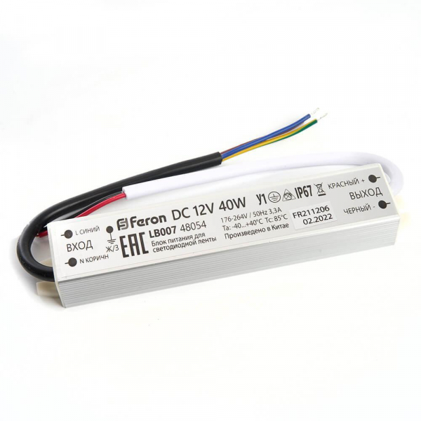 Блок питания для светодиодной ленты Feron LB007 12V 40W IP67 3,3A 48054 Блок питания для светодиодной ленты Feron LB007 12V 40W IP67 3,3A 48054