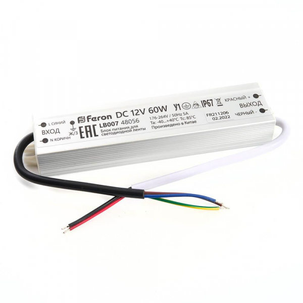 Блок питания для светодиодной ленты Feron LB007 12V 60W IP67 5A 48056 Блок питания для светодиодной ленты Feron LB007 12V 60W IP67 5A 48056