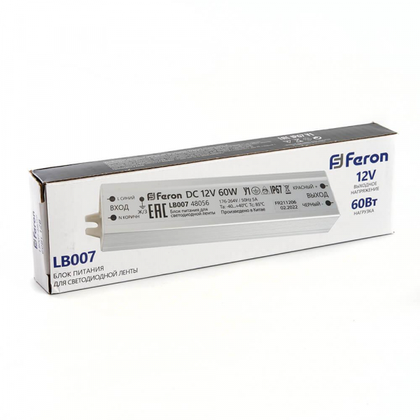 Блок питания для светодиодной ленты Feron LB007 12V 60W IP67 5A 48056 Блок питания для светодиодной ленты Feron LB007 12V 60W IP67 5A 48056