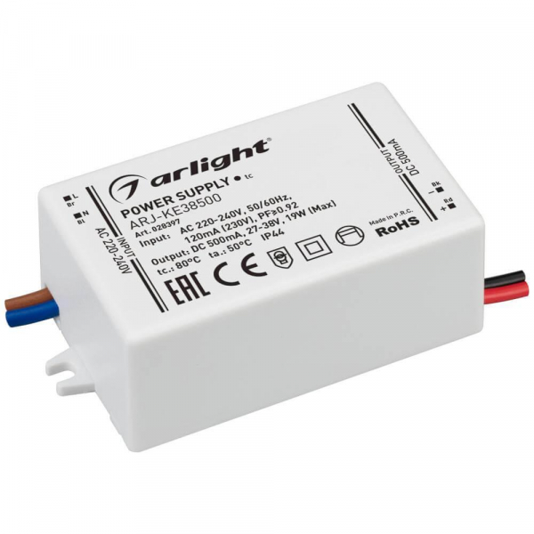 Драйвер Arlight ARJ-KE38500 27-38V 19W IP44 0,5A 028397 Драйвер Arlight ARJ-KE38500 27-38V 19W IP44 0,5A 028397