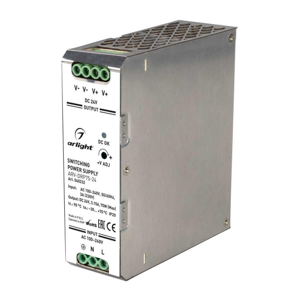 Блок питания Arlight ARV-DRP75-24 24V 75W IP20 3,15A 040232 Блок питания Arlight ARV-DRP75-24 24V 75W IP20 3,15A 040232