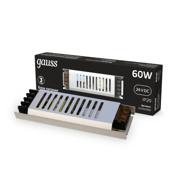 Блок питания Gauss 60W 24V IP20 ультратонкий 202002060 Блок питания Gauss 60W 24V IP20 ультратонкий 202002060