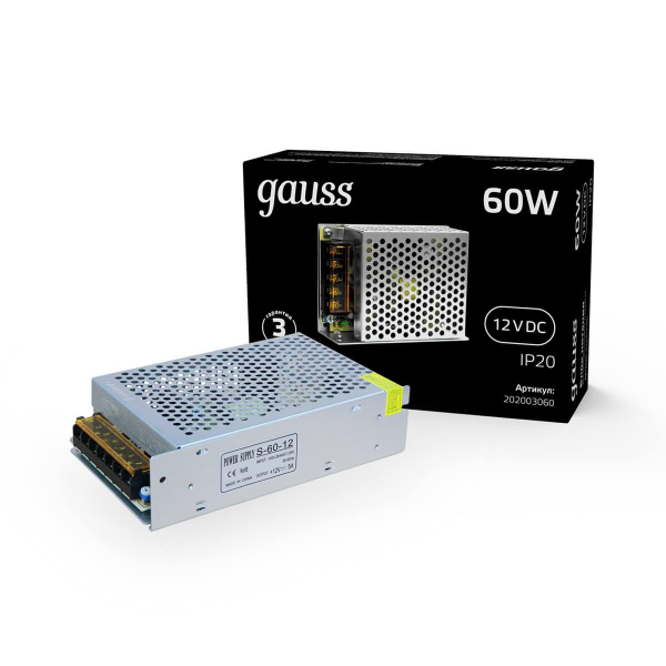 Блок питания Gauss Led Strip PS 12V 60W IP20 8A 202003060 Блок питания Gauss Led Strip PS 12V 60W IP20 8A 202003060