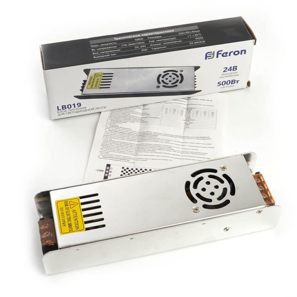 Блок питания для светодиодной ленты Feron 24V 500W IP20 20A LB019 48049 Блок питания для светодиодной ленты Feron 24V 500W IP20 20A LB019 48049