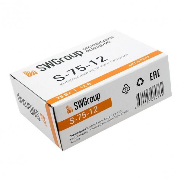 Блок питания SWG 12V 75W IP20 6,3A S-75-12 000298 Блок питания SWG 12V 75W IP20 6,3A S-75-12 000298