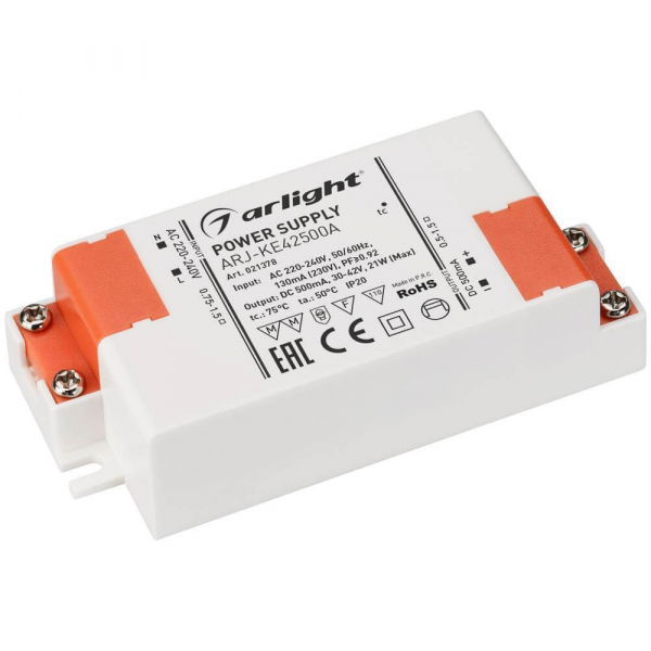 Драйвер Arlight ARJ-KE42500A 30-42V 21W IP20 0,5A 021378 Драйвер Arlight ARJ-KE42500A 30-42V 21W IP20 0,5A 021378