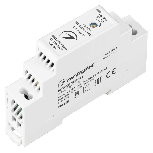 Блок питания Arlight ARV-DR15-12 12V 15W IP20 1,25A 034670 Блок питания Arlight ARV-DR15-12 12V 15W IP20 1,25A 034670