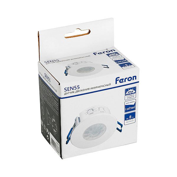 Датчик движения и освещенности 1200W 8m 120°(гориз.) 360°(верт.) Feron SEN55 51519