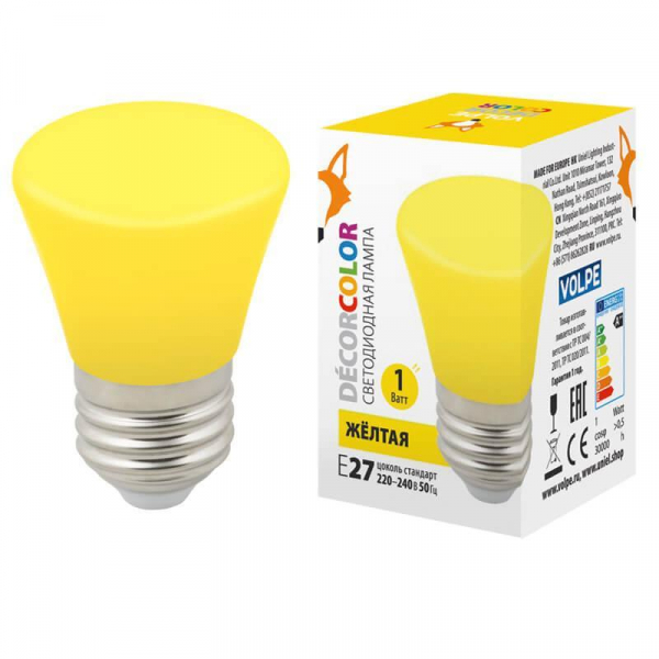 Лампа светодиодная Volpe E27 1W желтая LED-D45-1W/YELLOW/E27/FR/С BELL UL-00005641 Лампа светодиодная Volpe E27 1W желтая LED-D45-1W/YELLOW/E27/FR/С BELL UL-00005641