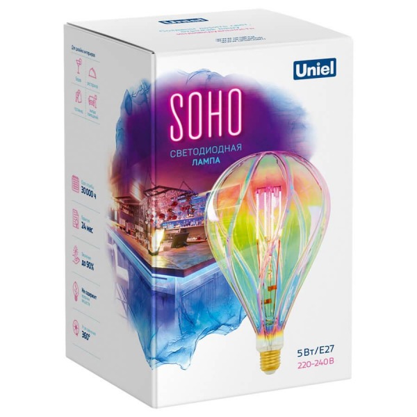 Лампа светодиодная филаментная Uniel E27 5W 2250K LED-SF31-5W/SOHO/E27/CW RAINBOW GLS77RB UL-00005917 Лампа светодиодная филаментная Uniel E27 5W 2250K LED-SF31-5W/SOHO/E27/CW RAINBOW GLS77RB UL-00005917