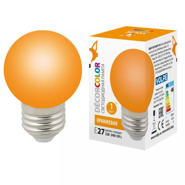 Лампа светодиодная Volpe E27 1W оранжевая LED-G45-1W/ORANGE/E27/FR/С UL-00005650 Лампа светодиодная Volpe E27 1W оранжевая LED-G45-1W/ORANGE/E27/FR/С UL-00005650