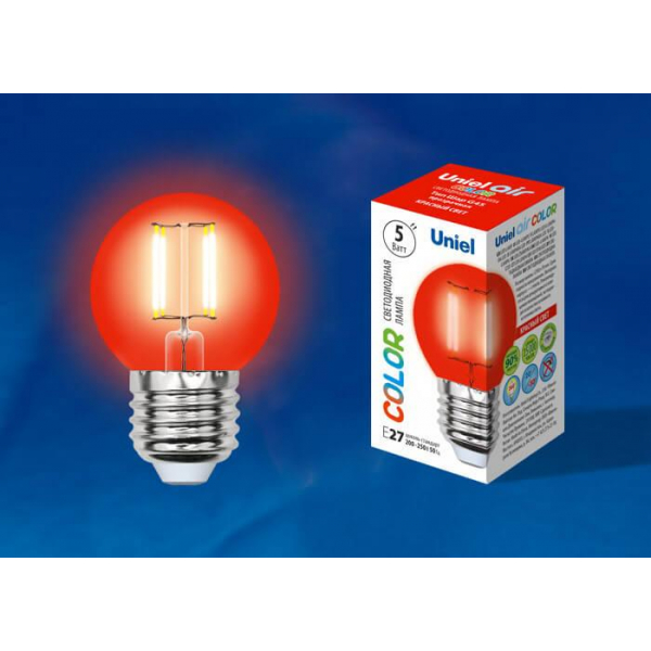 Лампа светодиодная филаментная Uniel E27 5W красная LED-G45-5W/RED/E27 GLA02RD UL-00002986 Лампа светодиодная филаментная Uniel E27 5W красная LED-G45-5W/RED/E27 GLA02RD UL-00002986