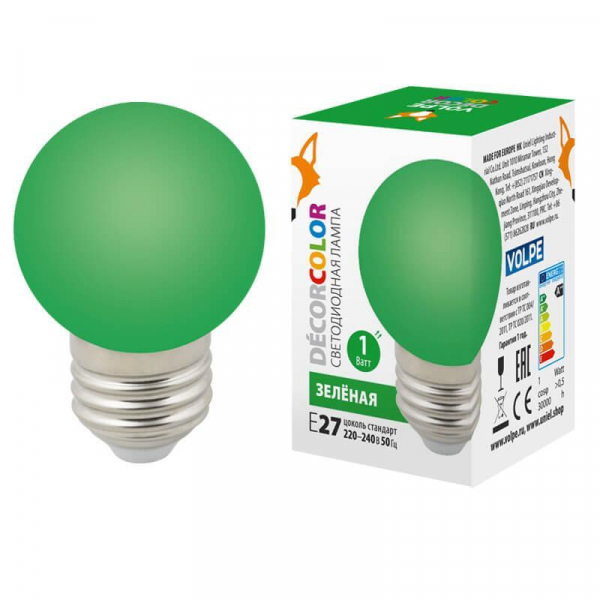 Лампа светодиодная Volpe E27 1W зеленая LED-G45-1W/GREEN/E27/FR/С UL-00005648 Лампа светодиодная Volpe E27 1W зеленая LED-G45-1W/GREEN/E27/FR/С UL-00005648