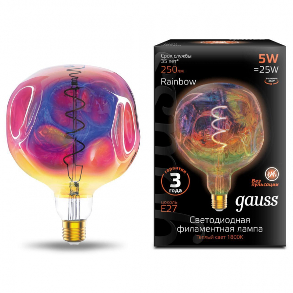 Лампа светодиодная диммируемая филаментная Gauss E27 5W 1800K розовая 1007802103 Лампа светодиодная диммируемая филаментная Gauss E27 5W 1800K розовая 1007802103