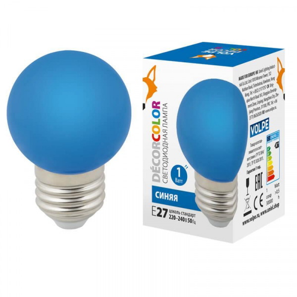 Лампа светодиодная Volpe E27 1W синяя LED-G45-1W/BLUE/E27/FR/С UL-00005647 Лампа светодиодная Volpe E27 1W синяя LED-G45-1W/BLUE/E27/FR/С UL-00005647