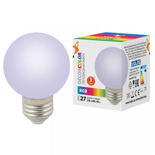 Лампа светодиодная Volpe E27 3W матовая LED-G60-3W/RGB/E27/FR/С UL-00006960 Лампа светодиодная Volpe E27 3W матовая LED-G60-3W/RGB/E27/FR/С UL-00006960