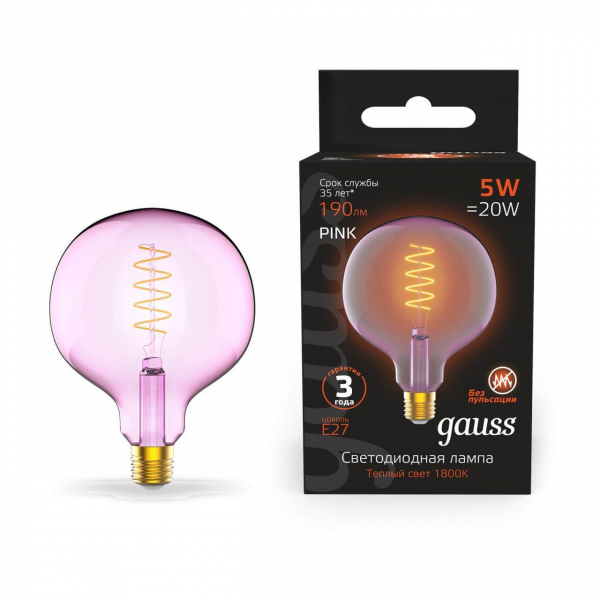 Лампа светодиодная диммируемая филаментная Gauss E27 5W 1800K розовая 1011802105 Лампа светодиодная диммируемая филаментная Gauss E27 5W 1800K розовая 1011802105