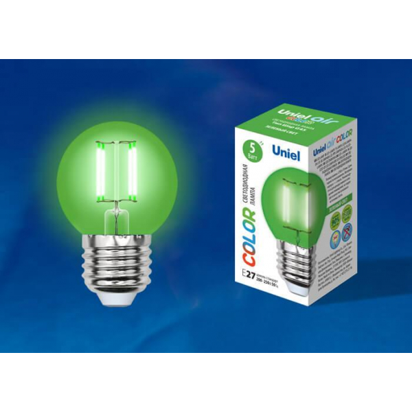 Лампа светодиодная филаментная Uniel E27 5W зеленая LED-G45-5W/GREEN/E27 GLA02GR UL-00002988 Лампа светодиодная филаментная Uniel E27 5W зеленая LED-G45-5W/GREEN/E27 GLA02GR UL-00002988