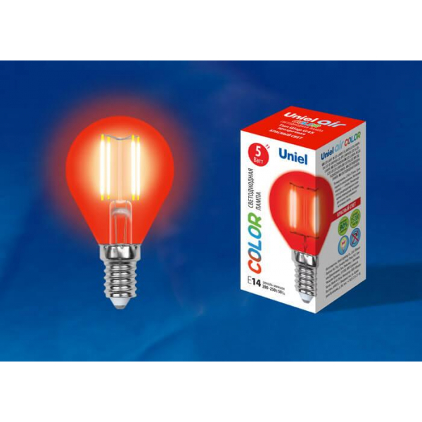 Лампа светодиодная филаментная Uniel E14 5W красная LED-G45-5W/RED/E14 GLA02RD UL-00002985 Лампа светодиодная филаментная Uniel E14 5W красная LED-G45-5W/RED/E14 GLA02RD UL-00002985