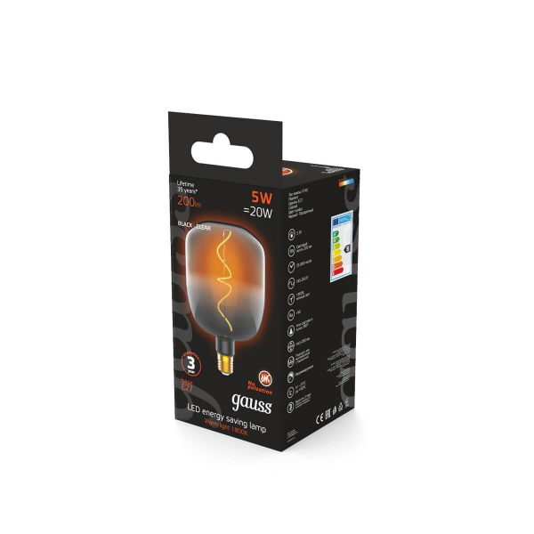 Лампа светодиодная филаментная Gauss E27 5W 1800K черная 1008802105 Лампа светодиодная филаментная Gauss E27 5W 1800K черная 1008802105