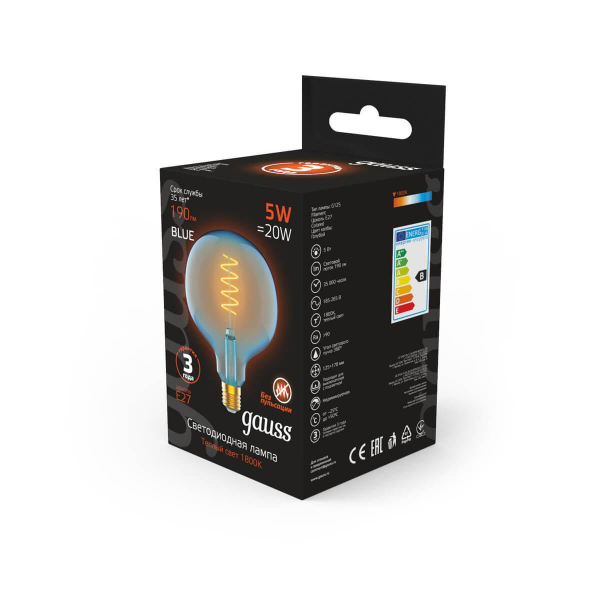 Лампа светодиодная диммируемая филаментная Gauss E27 5W 1800K синяя 1013802105 Лампа светодиодная диммируемая филаментная Gauss E27 5W 1800K синяя 1013802105