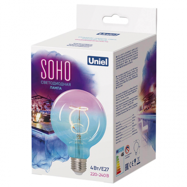 Лампа светодиодная филаментная Uniel E27 4W 2250K синяя LED-SF01-4W/Soho/E27/CW BLue/Wine GLS77TR UL-00005892 Лампа светодиодная филаментная Uniel E27 4W 2250K синяя LED-SF01-4W/Soho/E27/CW BLue/Wine GLS77TR UL-00005892