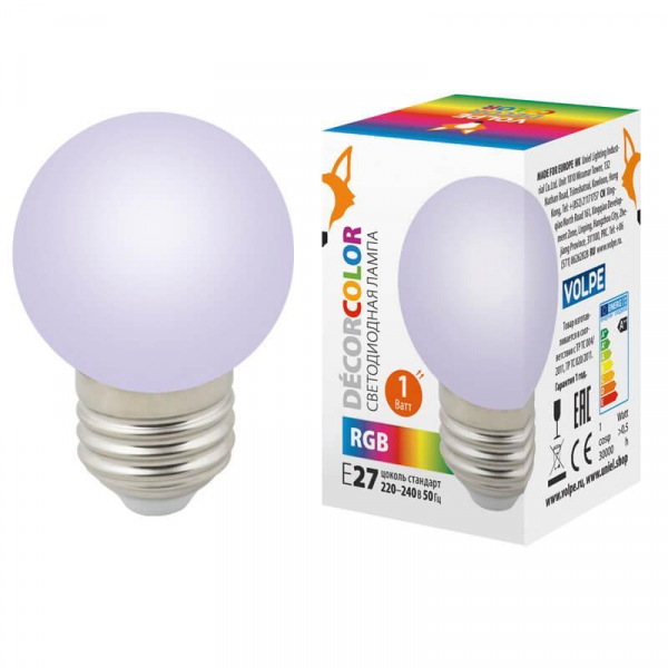 Лампа светодиодная Volpe E27 1W матовая LED-G45-1W/RGB/E27/FR/С UL-00005808 Лампа светодиодная Volpe E27 1W матовая LED-G45-1W/RGB/E27/FR/С UL-00005808