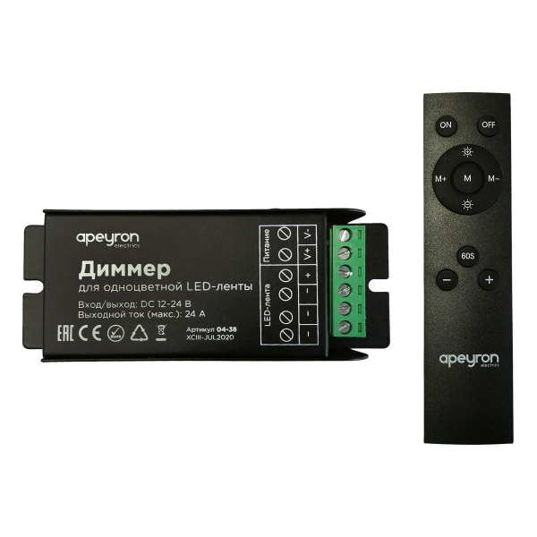 Диммер для монохромной светодиодной ленты Apeyron с пультом 12/24V 04-38 Диммер для монохромной светодиодной ленты Apeyron с пультом 12/24V 04-38