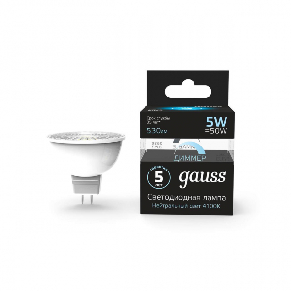 Лампа cветодиодная диммируемая Gauss GU5.3 5W 4100K матовая 101505205-D Лампа cветодиодная диммируемая Gauss GU5.3 5W 4100K матовая 101505205-D
