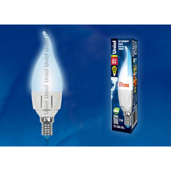 Лампа светодиодная диммируемая Uniel E14 6W 4500K матовая LED-CW37-6W/NW/E14/FR/DIM PLP01WH UL-00000727 Лампа светодиодная диммируемая Uniel E14 6W 4500K матовая LED-CW37-6W/NW/E14/FR/DIM PLP01WH UL-00000727