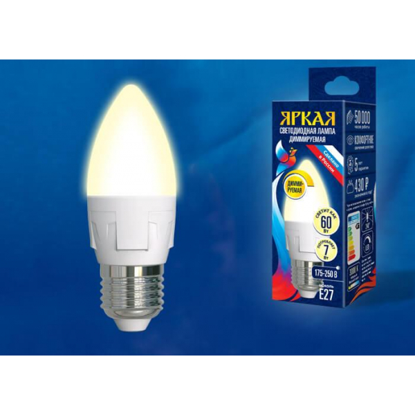 Лампа светодиодная диммируемая Uniel E27 7W 3000K матовая LED-C37 7W/3000K/E27/FR/DIM PLP01WH UL-00004297 Лампа светодиодная диммируемая Uniel E27 7W 3000K матовая LED-C37 7W/3000K/E27/FR/DIM PLP01WH UL-00004297