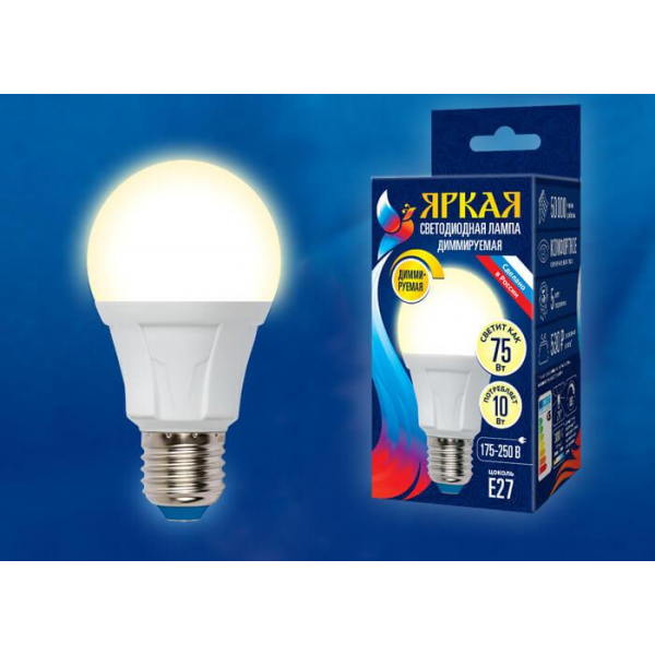 Лампа светодиодная диммируемая Uniel E27 10W 3000K матовая LED-A60 10W/3000K/E27/FR/DIM PLP01WH UL-00004287 Лампа светодиодная диммируемая Uniel E27 10W 3000K матовая LED-A60 10W/3000K/E27/FR/DIM PLP01WH UL-00004287