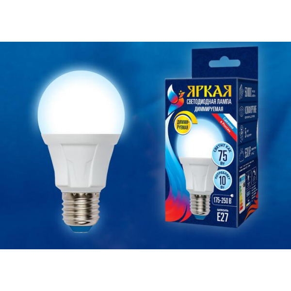 Лампа светодиодная диммируемая Uniel E27 10W 6500K матовая LED-A60 10W/6500K/E27/FR/DIM PLP01WH UL-00004285 Лампа светодиодная диммируемая Uniel E27 10W 6500K матовая LED-A60 10W/6500K/E27/FR/DIM PLP01WH UL-00004285