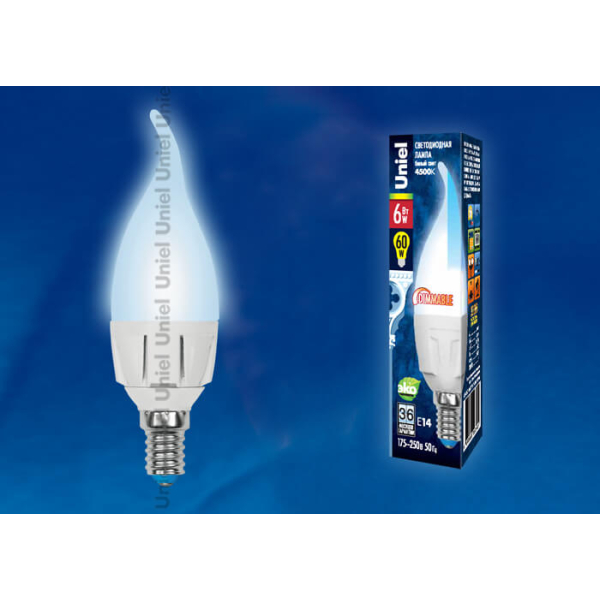 Лампа светодиодная диммируемая Uniel E14 6W 4500K матовая LED-CW37-6W/NW/E14/FR/DIM PLP01WH UL-00000727