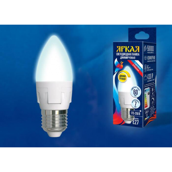 Лампа светодиодная диммируемая Uniel E27 7W 4000K матовая LED-C37 7W/4000K/E27/FR/DIM PLP01WH UL-00004295 Лампа светодиодная диммируемая Uniel E27 7W 4000K матовая LED-C37 7W/4000K/E27/FR/DIM PLP01WH UL-00004295