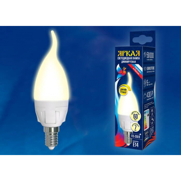 Лампа светодиодная диммируемая Uniel E14 7W 3000K матовая LED-CW37 7W/3000K/E14/FR/DIM PLP01WH UL-00004299 Лампа светодиодная диммируемая Uniel E14 7W 3000K матовая LED-CW37 7W/3000K/E14/FR/DIM PLP01WH UL-00004299