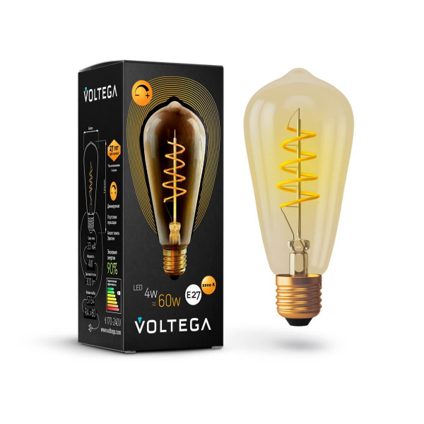 Лампа светодиодная диммируемая Voltega E27 4W 2000К прозрачная VG10-ST64GE27warm4W-FB 7077 Лампа светодиодная диммируемая Voltega E27 4W 2000К прозрачная VG10-ST64GE27warm4W-FB 7077