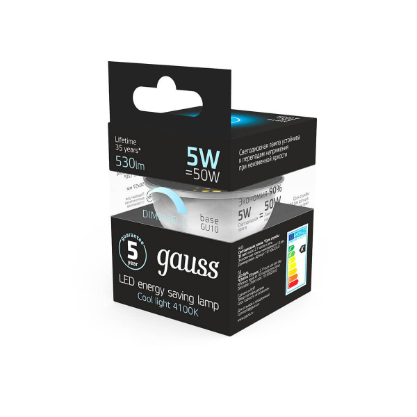 Лампа светодиодная диммируемая Gauss GU10 5W 4100K матовая 101506205-D Лампа светодиодная диммируемая Gauss GU10 5W 4100K матовая 101506205-D