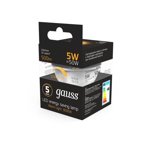 Лампа светодиодная диммируемая Gauss GU10 5W 3000K матовая 101506105-D Лампа светодиодная диммируемая Gauss GU10 5W 3000K матовая 101506105-D