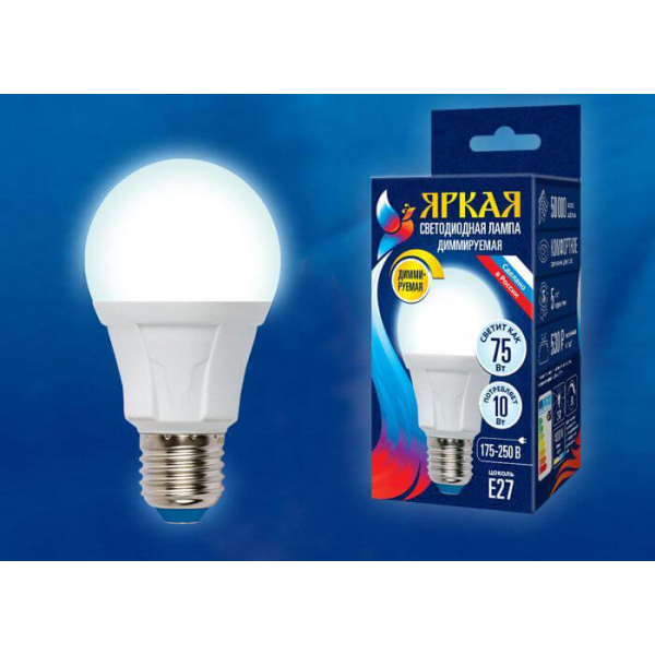 Лампа светодиодная диммируемая Uniel E27 10W 4000K матовая LED-A60 10W/4000K/E27/FR/DIM PLP01WH UL-00004286 Лампа светодиодная диммируемая Uniel E27 10W 4000K матовая LED-A60 10W/4000K/E27/FR/DIM PLP01WH UL-00004286